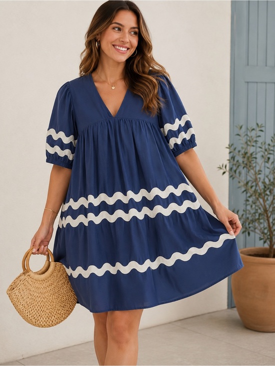 entro Dresses & Skirts - Entro Navy Blue Baby doll ric rac trim Dress L